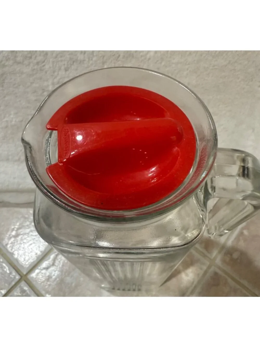 Pasabahce Clear Glass Pitcher With Red Lid 60 Oz Ribbed Design Beverage Containe